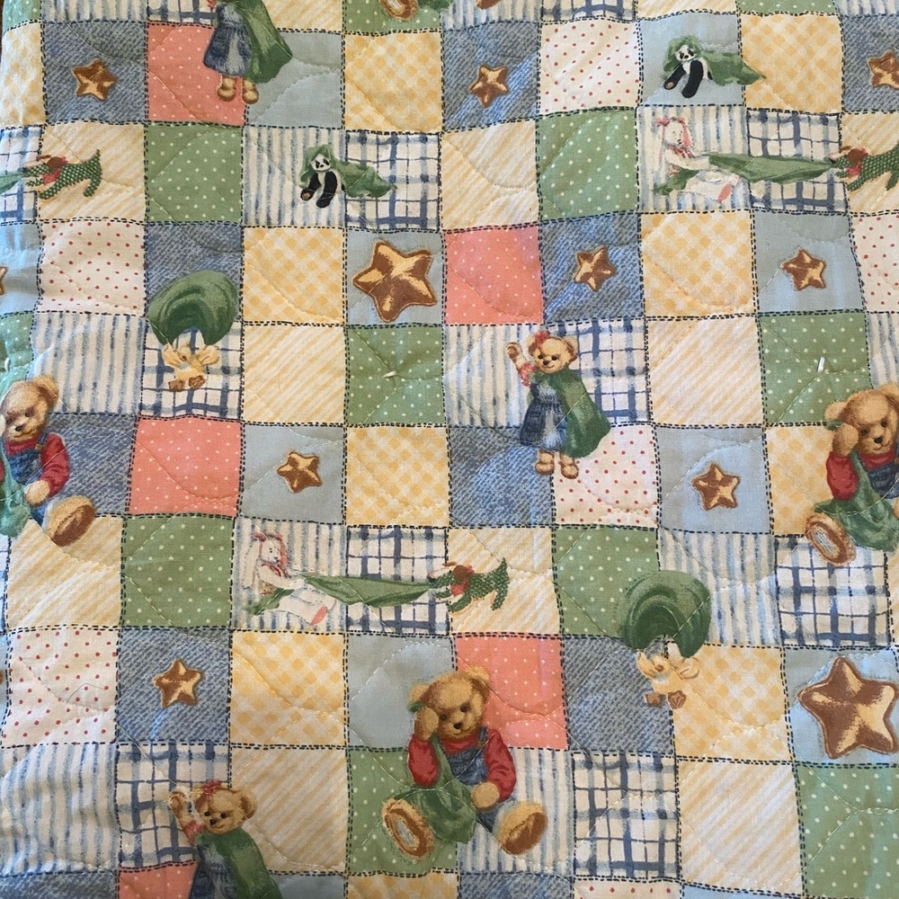 Patchwork Baby Quilt with Blue Jean Teddy Bear girl boy stars celestial Design